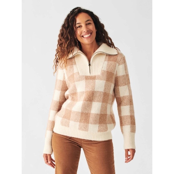 Faherty Alpaca Yak Blend Saturday Pullover Sweater in Meadow Buffalo Check S - Picture 1 of 12